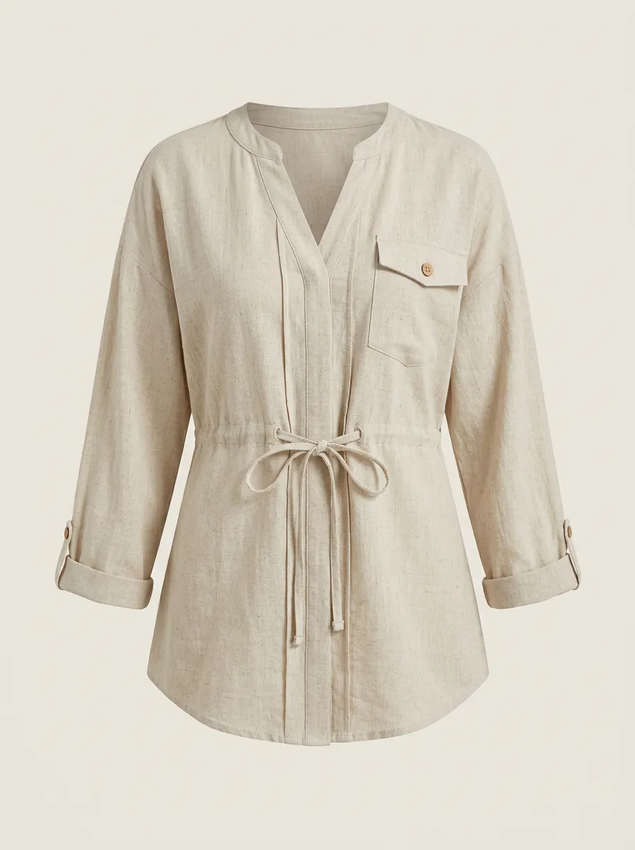 Women's Casual Linen Blend Drawstring Waist V-Neck Shirt