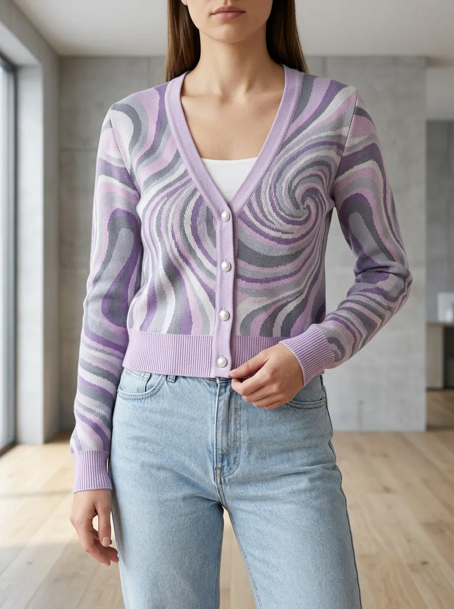 Women's Retro Aesthetic Purple Swirl Printed Cardigan