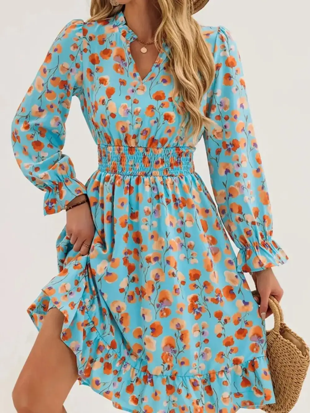Layered Detail Floral Printed Ruffle Dress