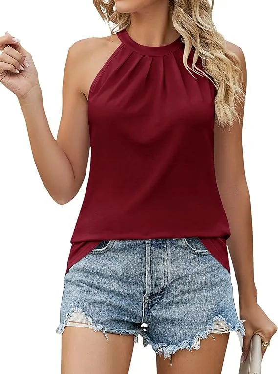 Women Pleated High Neck Halter Tank Tops