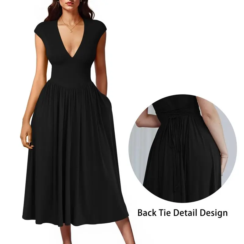 5PACK-Women'S Summer Casual Deep V NeckMidi Dress