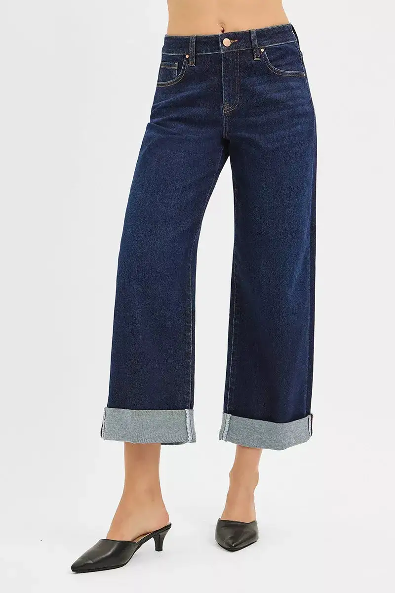 Mid Rise Cuffed Hem Wide Leg Jeans