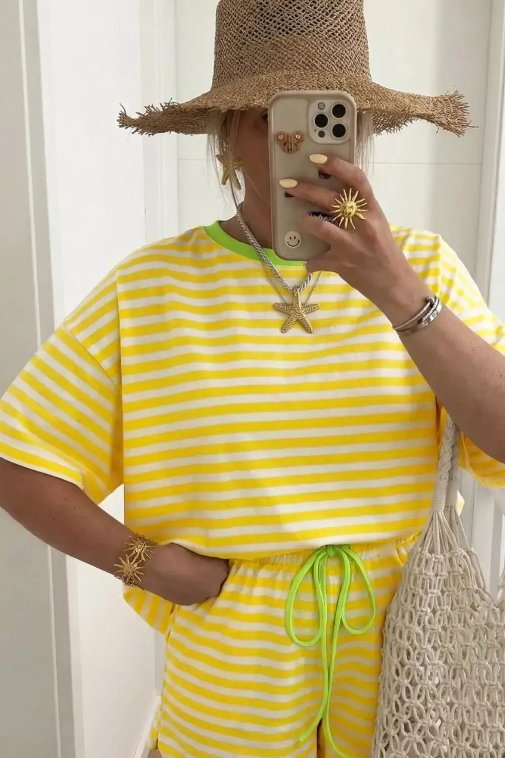 Stripe Contrast Neck Loose Tee Drawstring Shorts Set