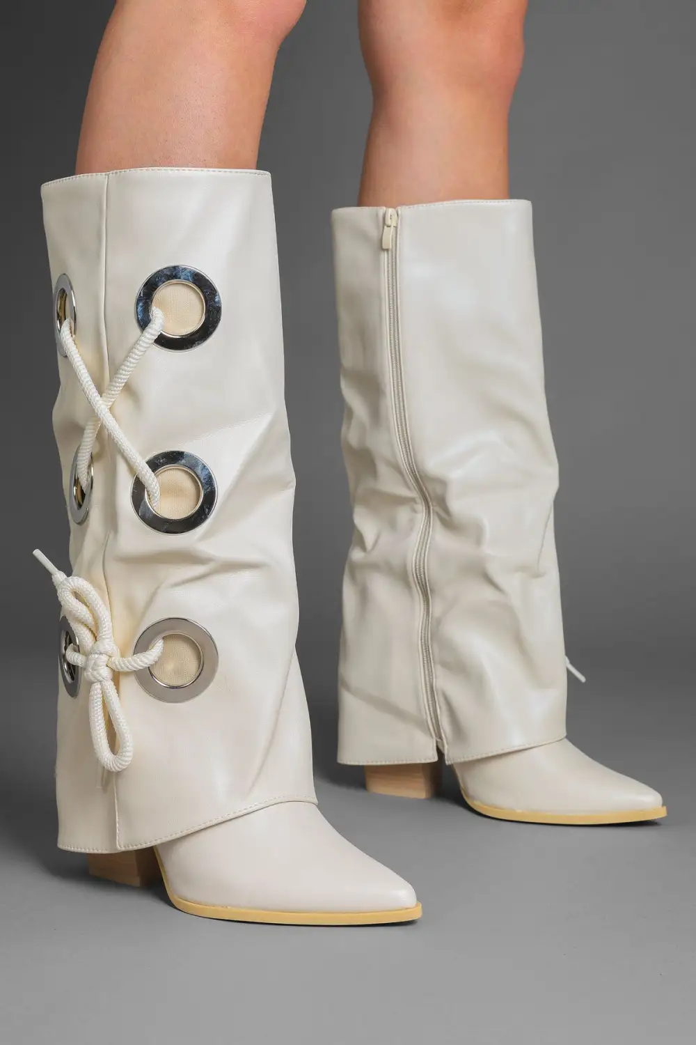 Classic Fold-Over Lace Detail Pointed Toe Faux Leather Knee High Boots