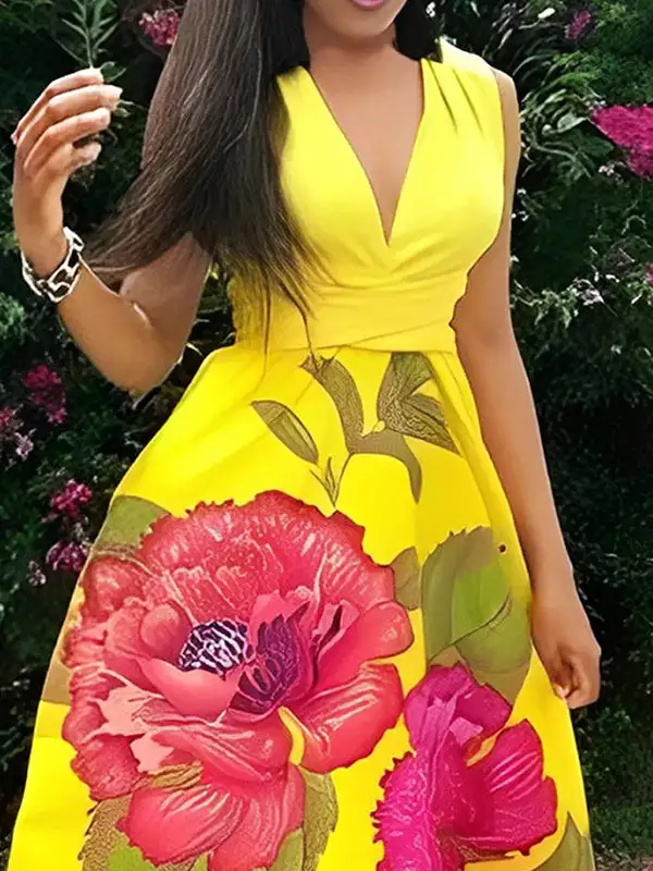 Flower Sleeveless Neck Maxi Dress