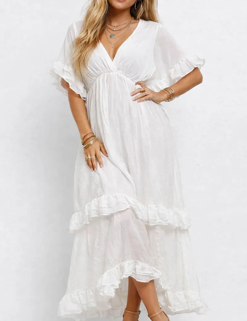 Chic V Neck Ruffle Sleeves Tiered Midi Dress