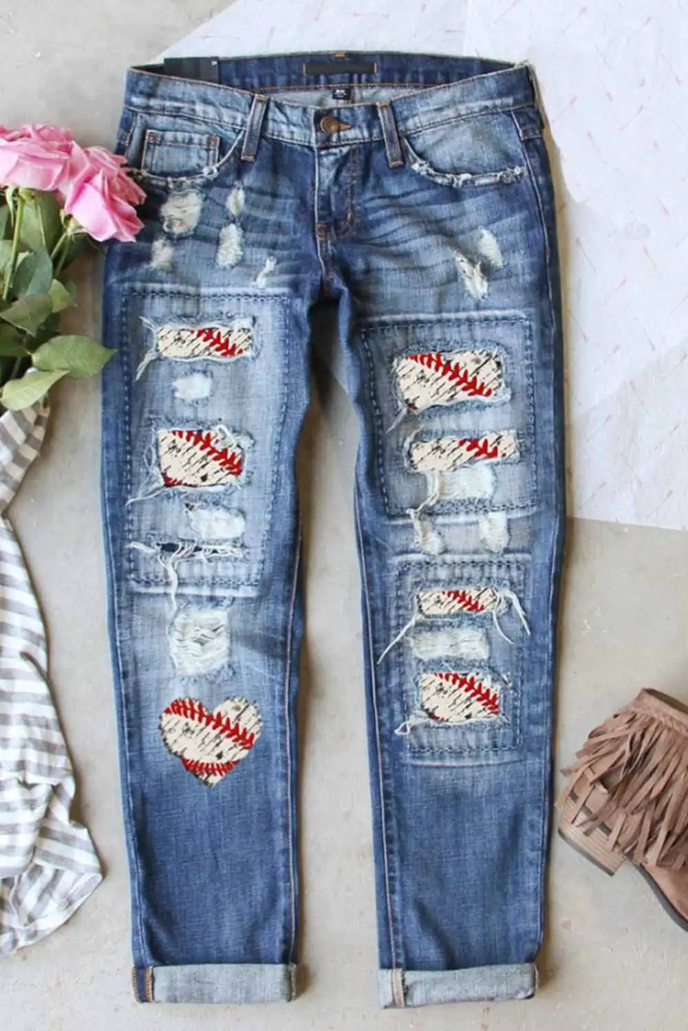 Baseball Ripped Denim Jeans