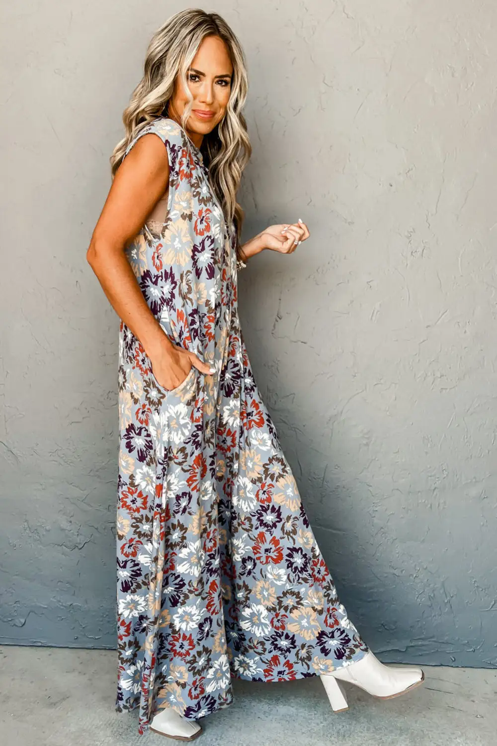 Floral Sleeveless Buttoned Pocketed Wide Leg Jumpsuit
