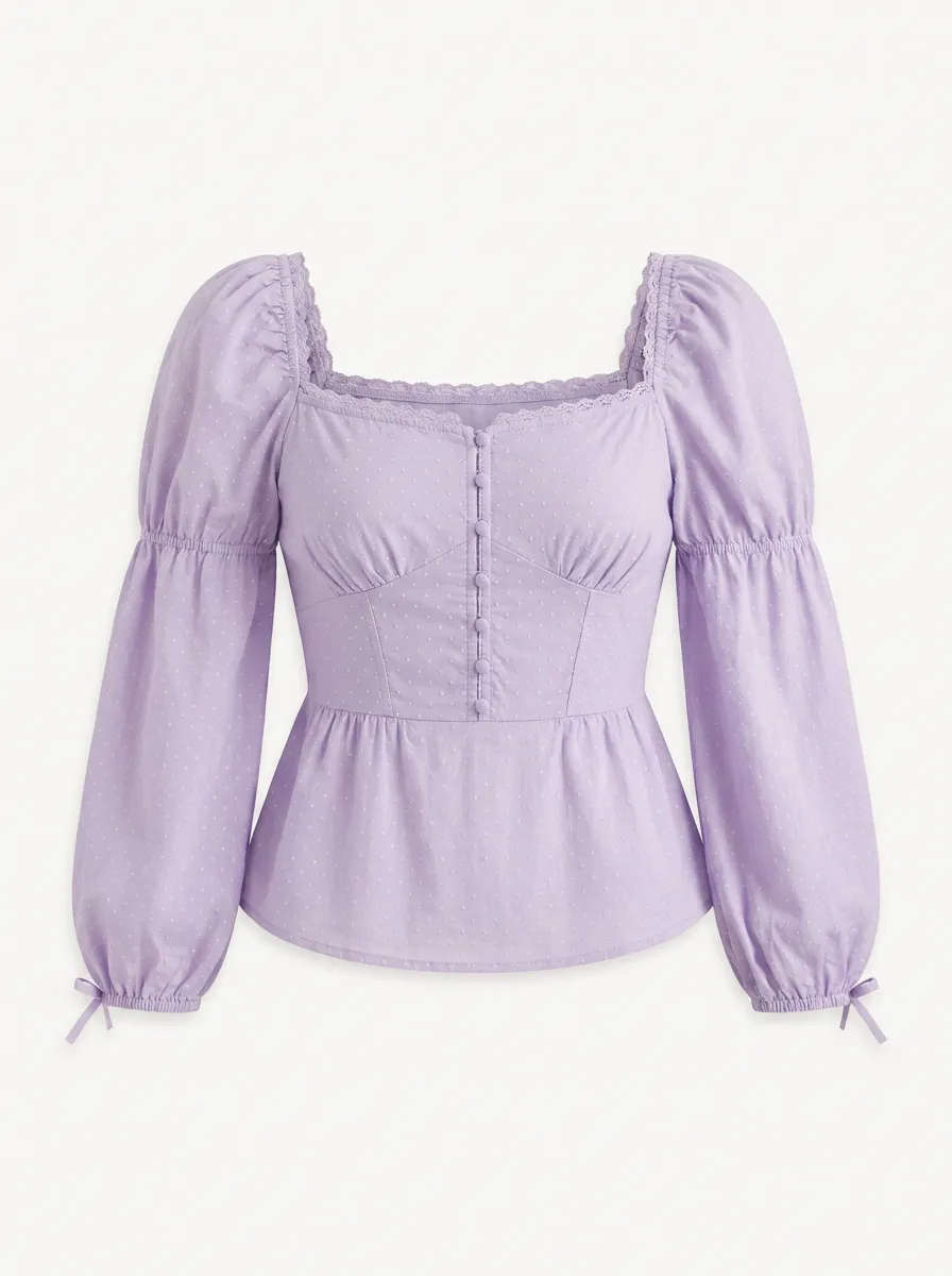 Women's Lavender Swiss Dot Lace Trim Puff Sleeve Peplum Top