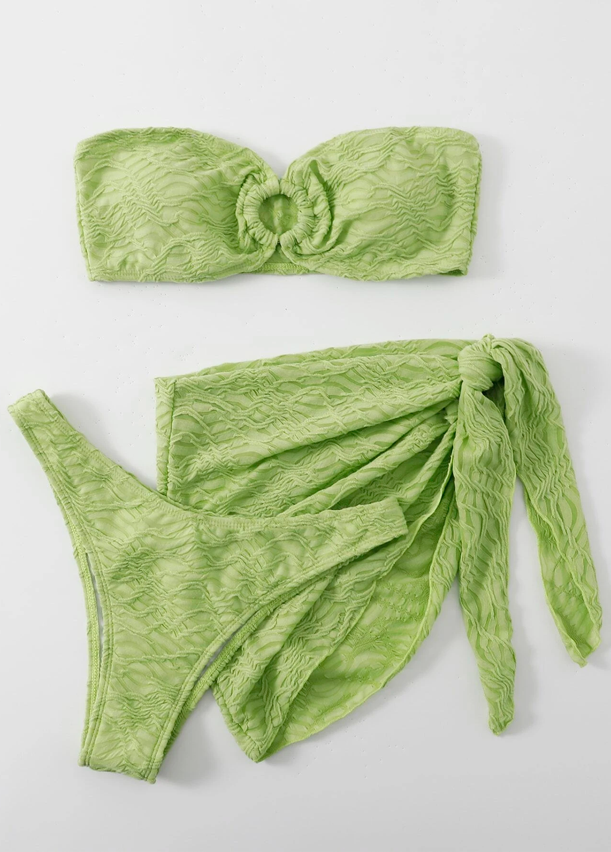 Swim Textured Bikini Set O-Ring Bandeau Bra Top & Bikini Bottom & Skirt 3 Piece Bathing Suit