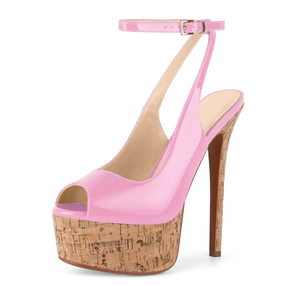Patent Finish Peep Toe Platform Stiletto Ankle Strap Pumps
