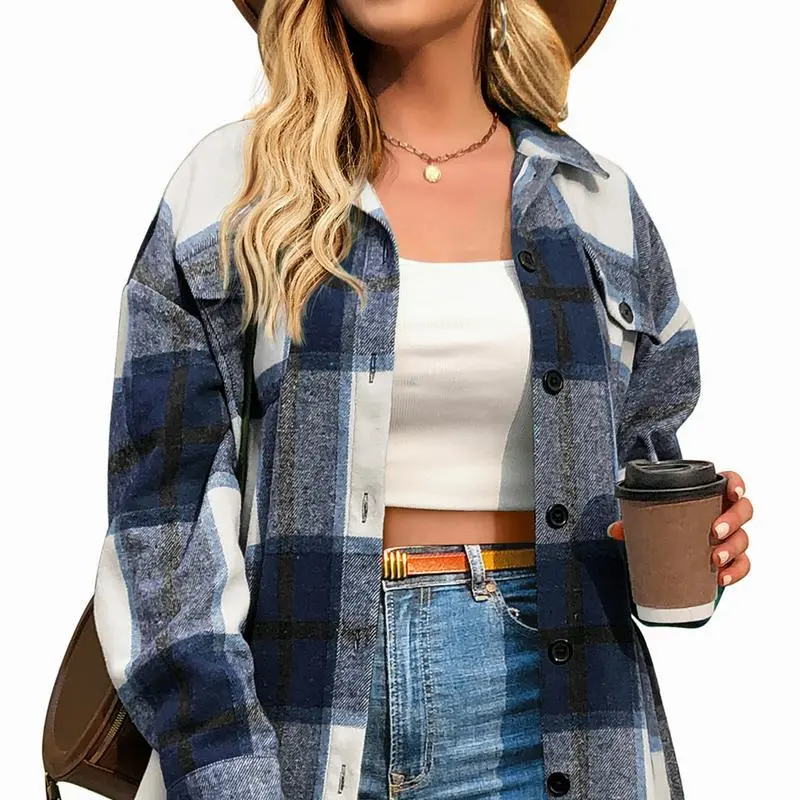 Women's Plus Size Shacket Jacket Flannel Plaid Long Sleeve Button Down Shirts Casual Fall Blouses Tops Winter Coats Winter Holiday