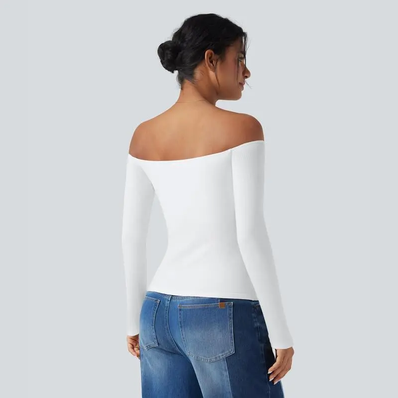 Ribbed Knit Off Shoulder Long Sleeve 2-in-1 Casual Top