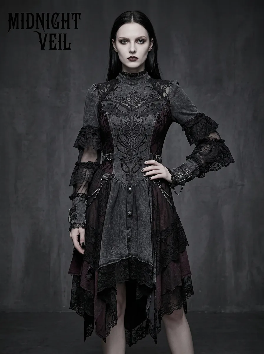 Women's Gothic Bat Wing Lace Embroidered Printed Top
