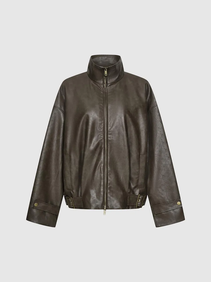 A Deep Green High-Neck Retro-Style Leather Jacket For Ladies
