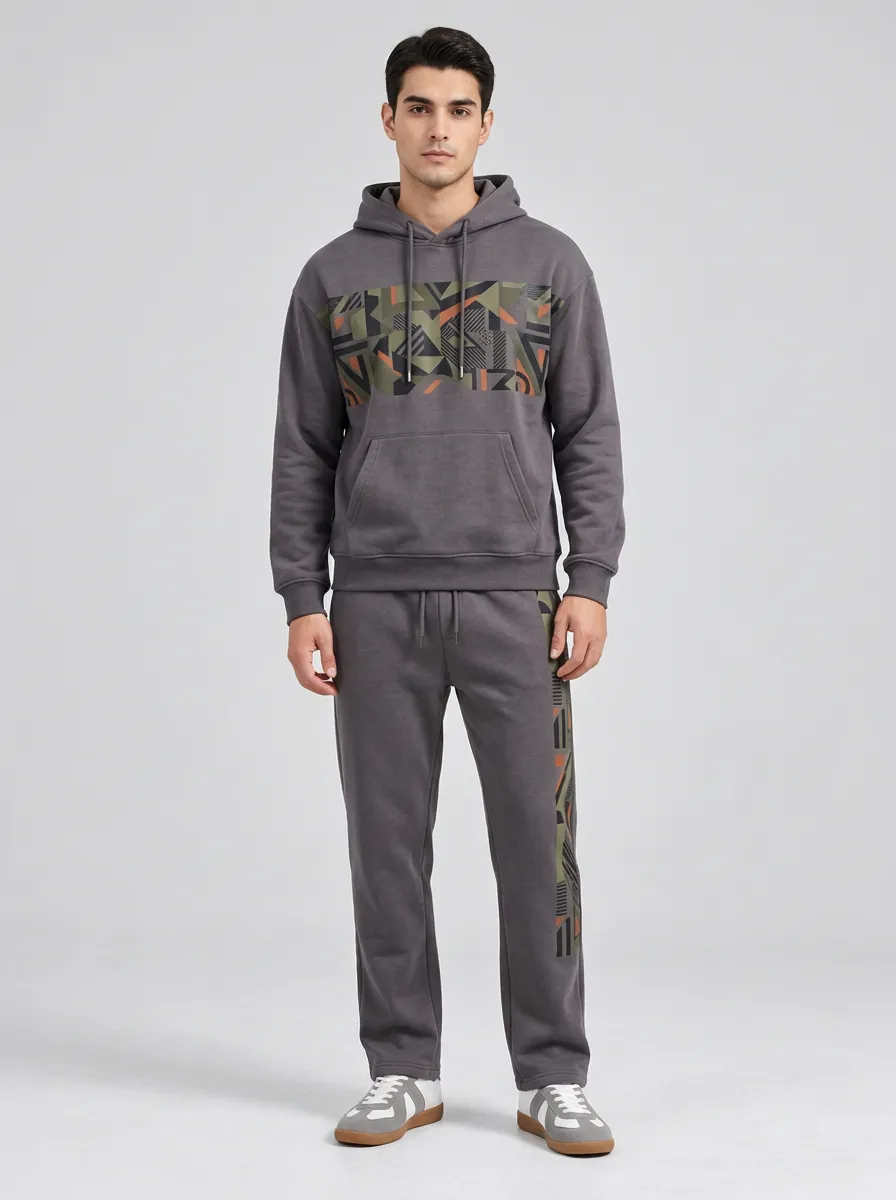 Men's Charcoal Geometric Panel Hoodie Jogger Set