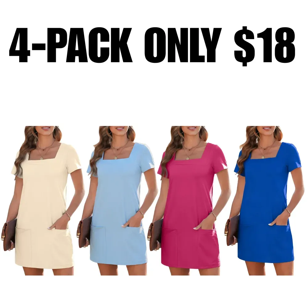 Women's Solid Color Align Dress Short Sleeve Mini Dresses With Pockets
