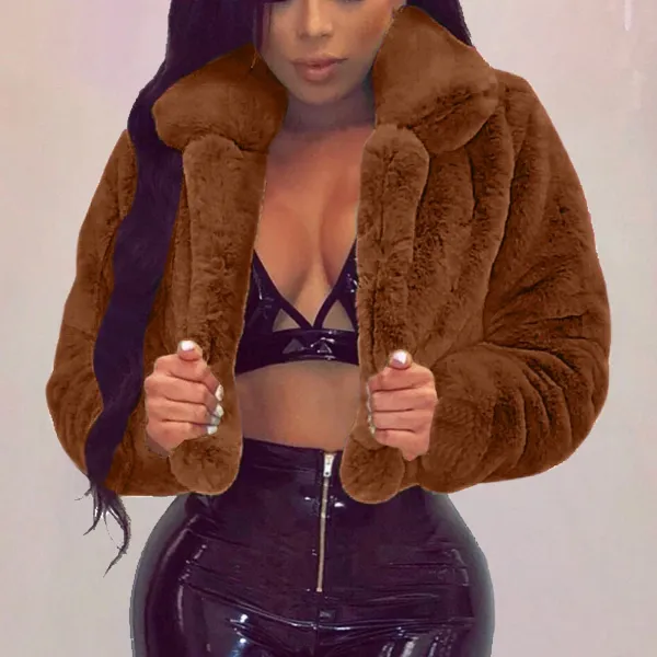 Z2-Brown Faux Fur Coat Women with Hood Cropped Bubble Coats Fleece Short Warm Jackets Plus Size Winter Coats for Women
