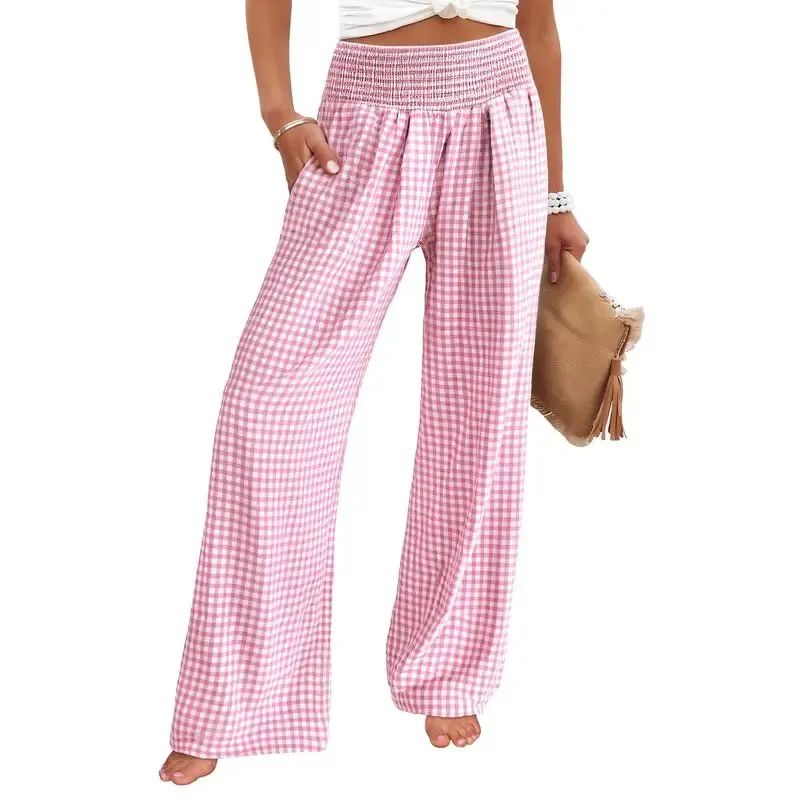 Women's High-Waisted Casual Striped And Checkered Wide-Leg Pants