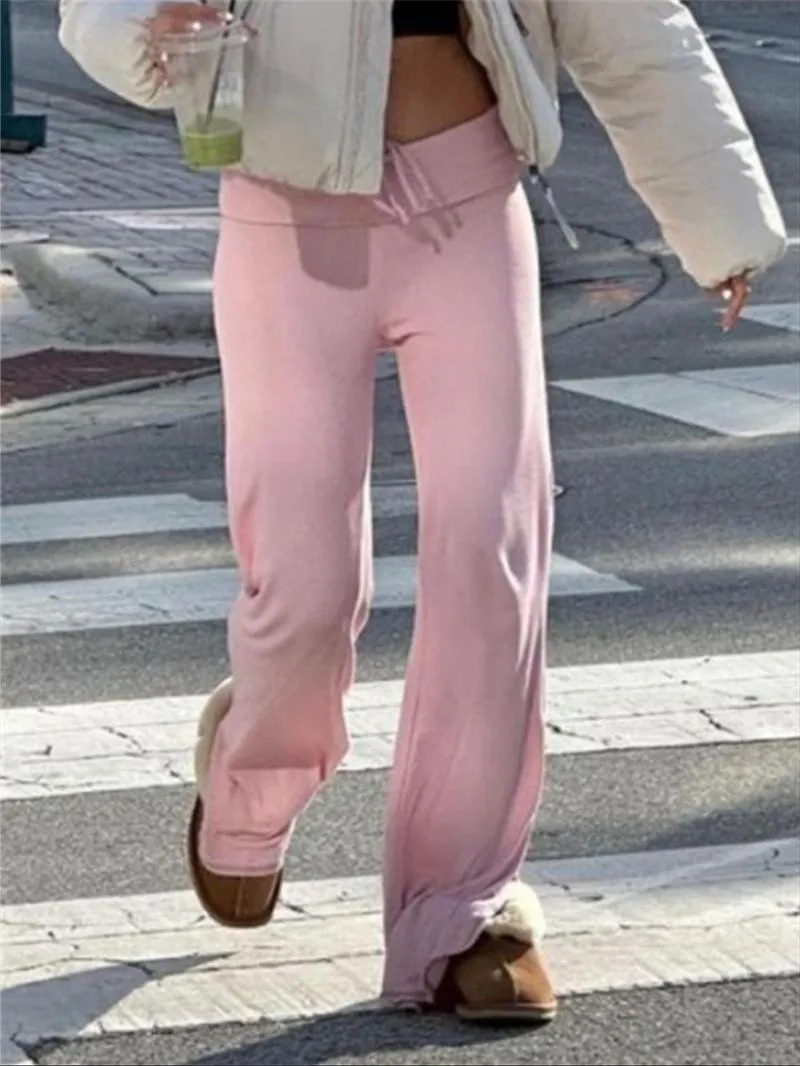 Women's Solid Adjustable Drawstring Waist Straight Leg Pants