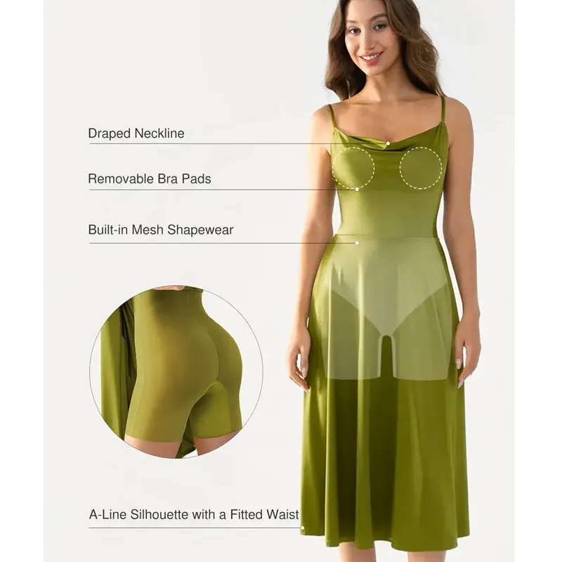 Satin Midi Slip Dress with Cowl Neck and Flared Hem