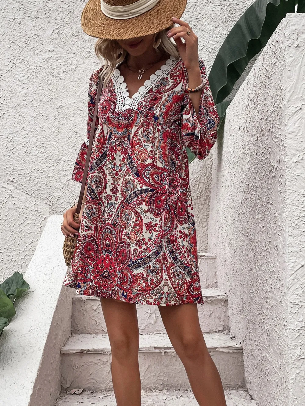 Plus Size Paisley & Floral Print Contrast Guipure Lace Flounce Sleeve Dress
