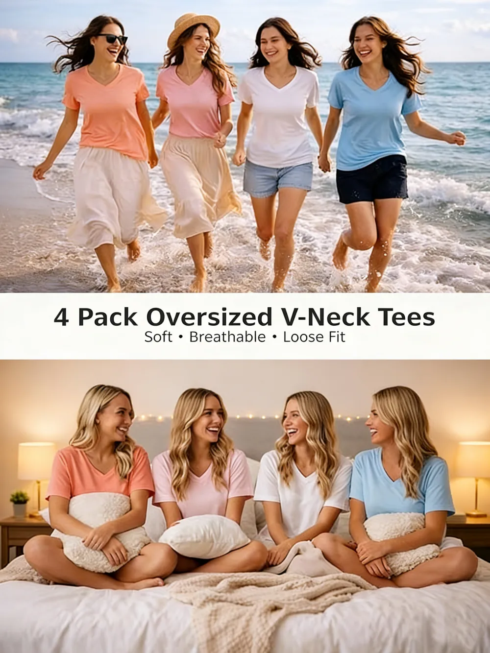 Women'S Casual V-Neck Short-Sleeve T-Shirt - Four-Piece Set