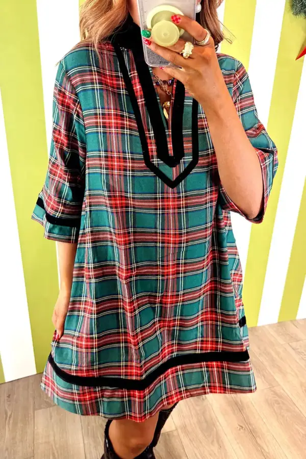 Plaid Velvet Trim Pockets Short Shift Dress