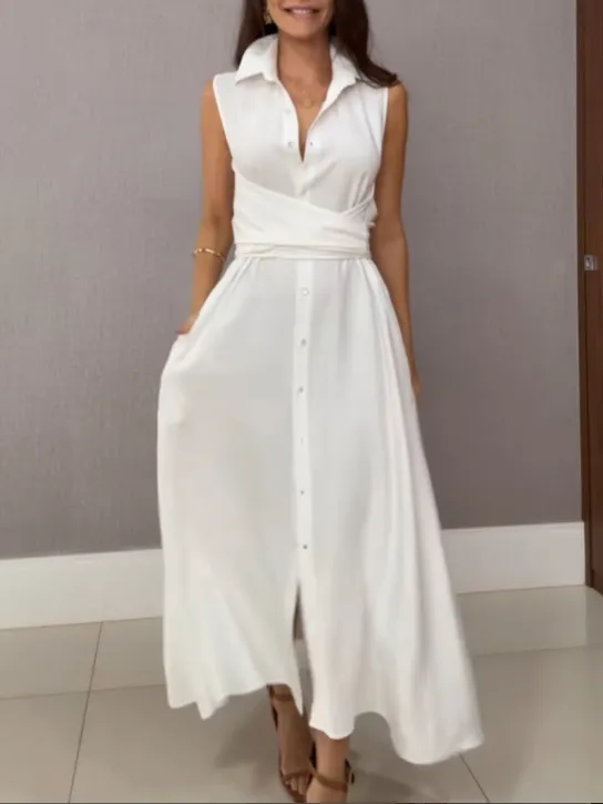 Shirt Style Single Breasted Tie Midi Dress