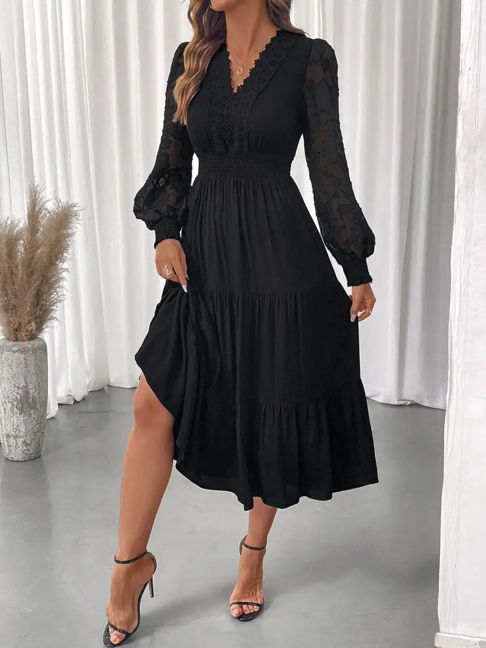 Lace Tiered Lantern Sleeve Dress Casual