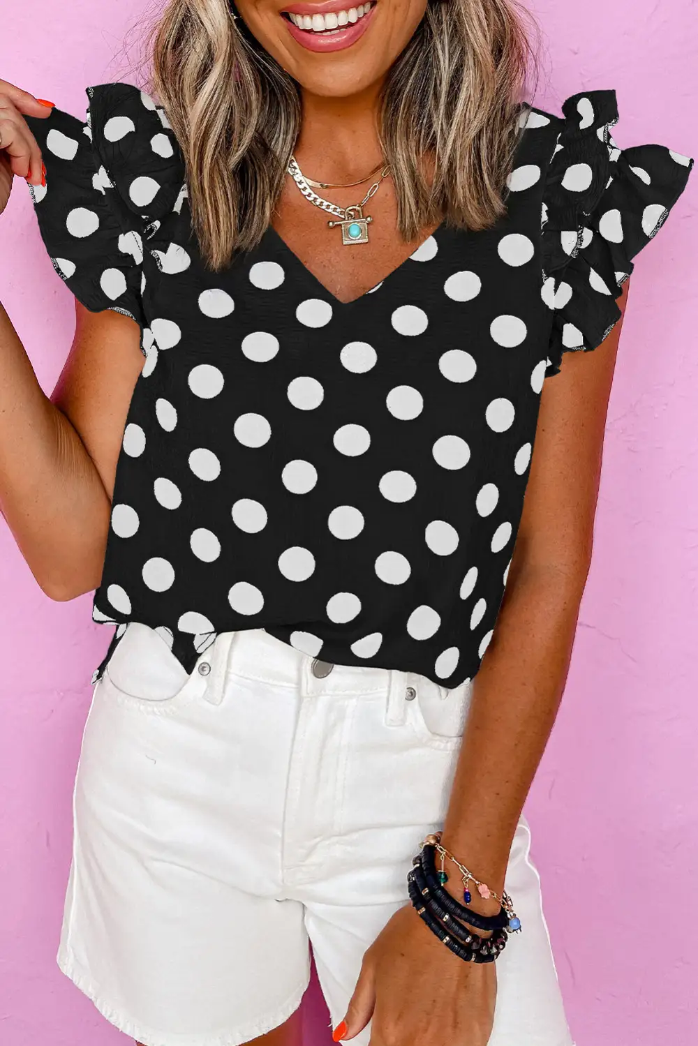 Everyday Ruffle Trim Dot Texture Blouse