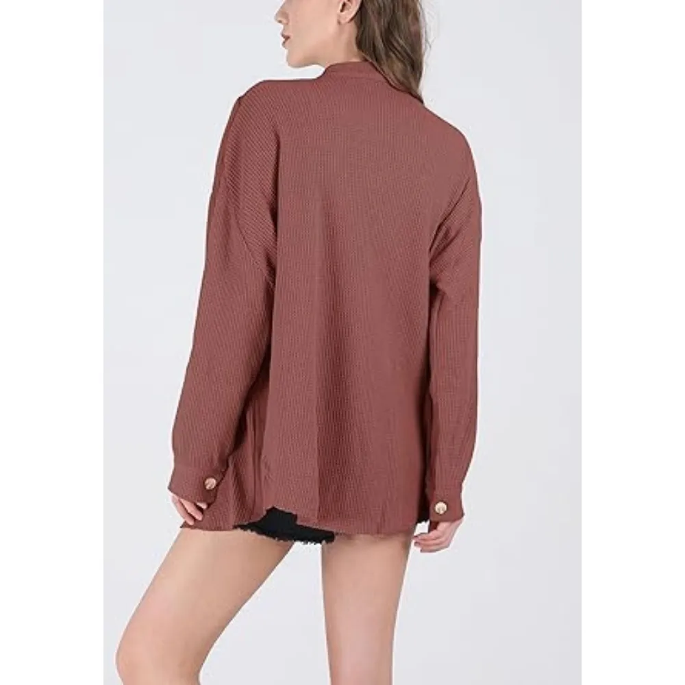 Women's Loose Fit Batwing Sleeve Waffle Knit Button Down Shirt