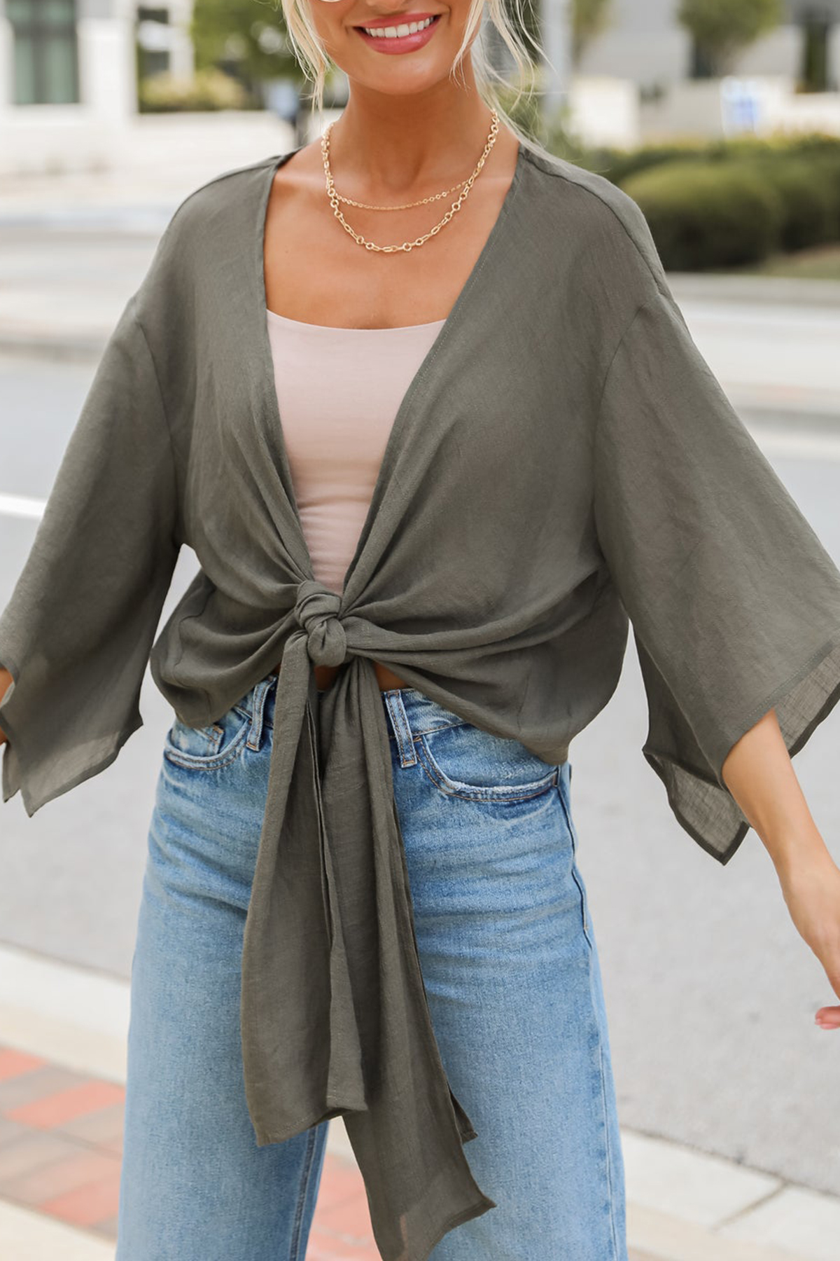 Enchanting Presence Olive Tie-Front Blouse