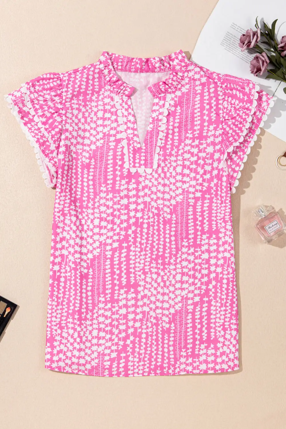 Abstract Print Ruffled V-Neck Blouse