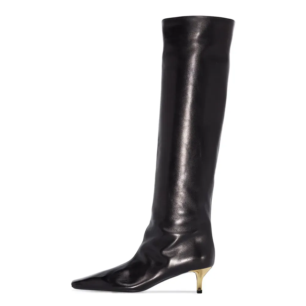 Classic Faux-Leather Square-Toe Kitten-Heel Platform Knee-High Boots