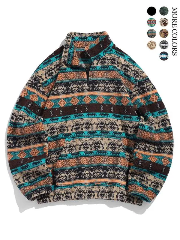 🎁Halloween Sale 49% Off - Casual Ethnic Pattern Zipper Sweatshirt – Drop Shoulder Long Sleeve Pullover with Stand Collar, Soft & Comfy Fit