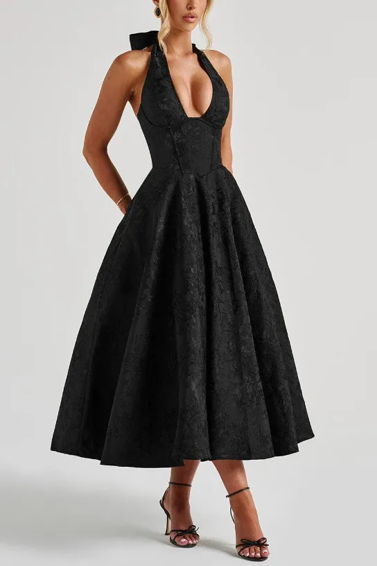 Vintage Elegant Jacquard V Neck Halter Midi Dress