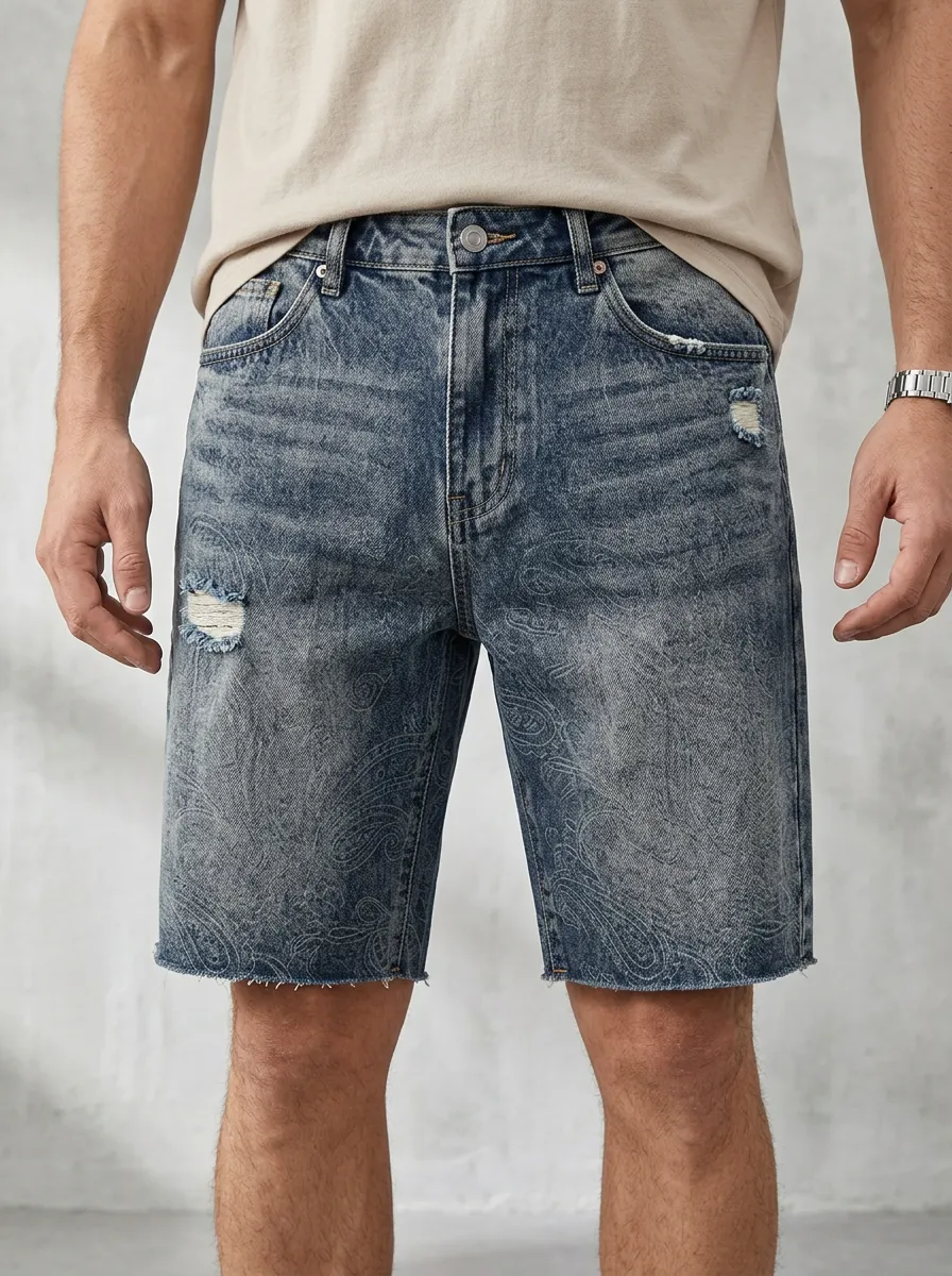 Men's Textured Distressed Raw Hem Distressed Denim Shorts