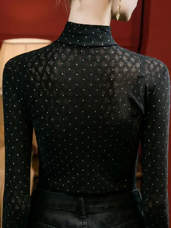 Long Sleeve Curve Fit Rhine Stones Sheer Panel Detail Mock Neck T-Shirt