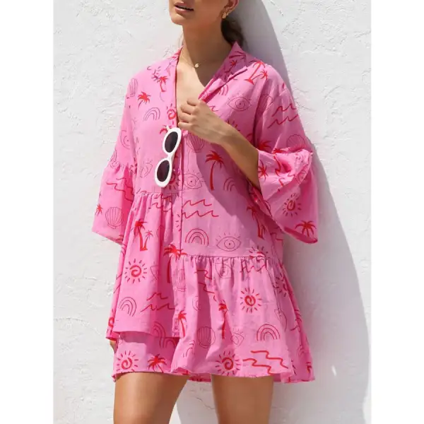 Button Detail Ruffled Hem Printed Mini Dress