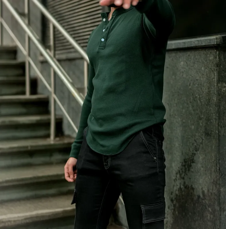 Dark Green Long Sleeve Henley Casual Shirt