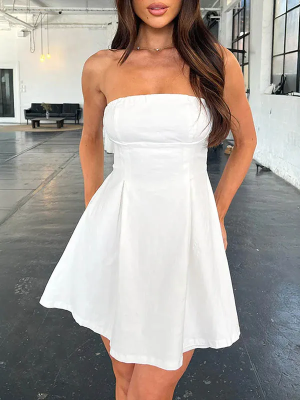 A Line Relaxed Backless Pleated Solid Color Split Joint Tied Tube