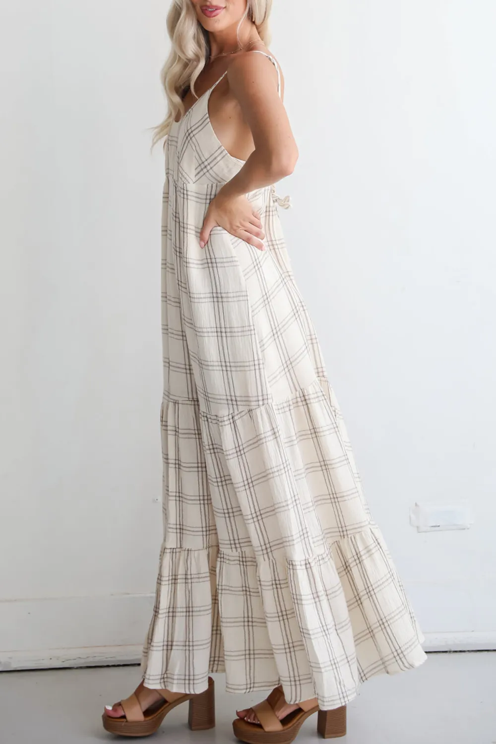 Grey Plaid Linen Maxi Dress