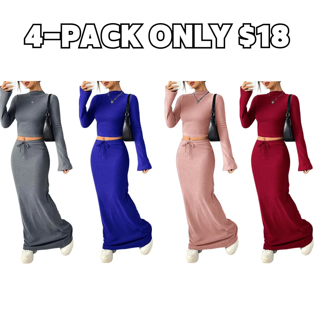 Women's Solid Flounce Sleeve Crop Tee & Skirt Two-piece Set for Daily Outdoor Wear, Women's Clothing for Spring & Fall