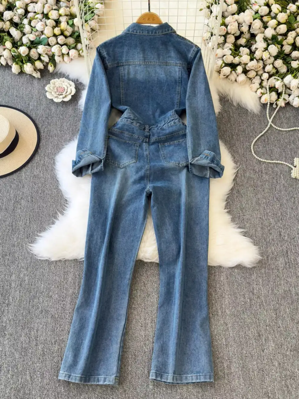 Button Front Wide Leg Jumpsuit Denim Pants
