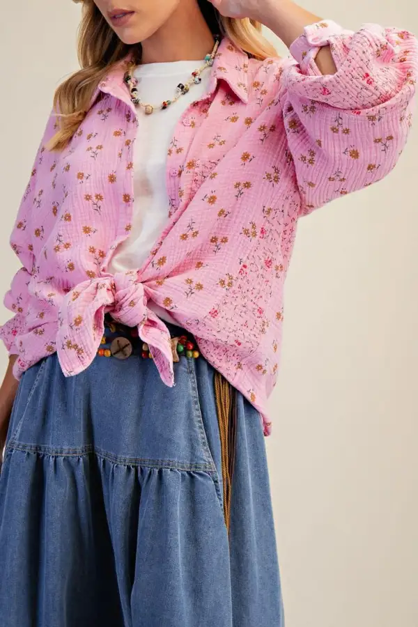 Floral Gauze Button Front Collared Shirt
