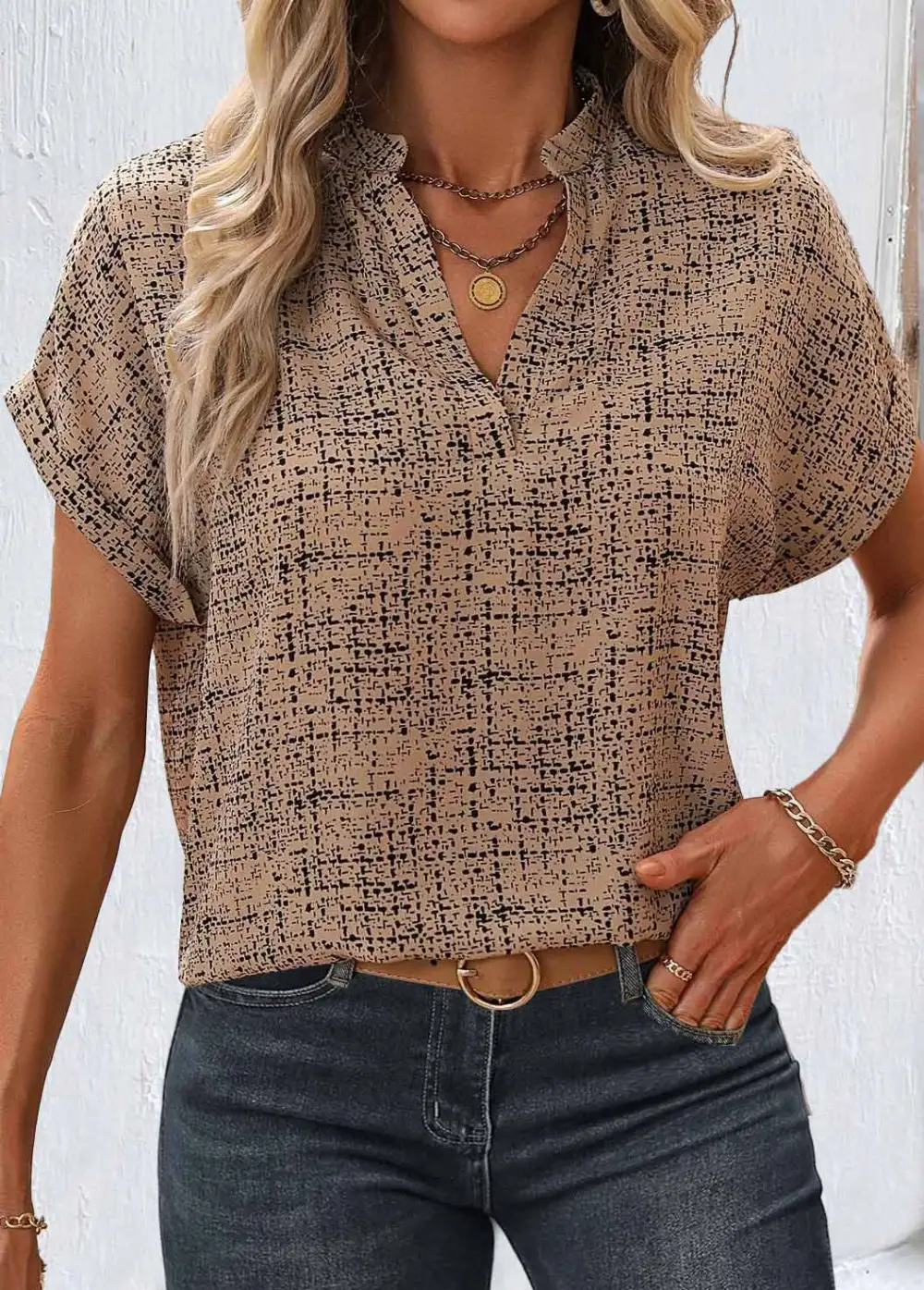 Light Coffee Split Geometric Print Short Sleeve Blouse