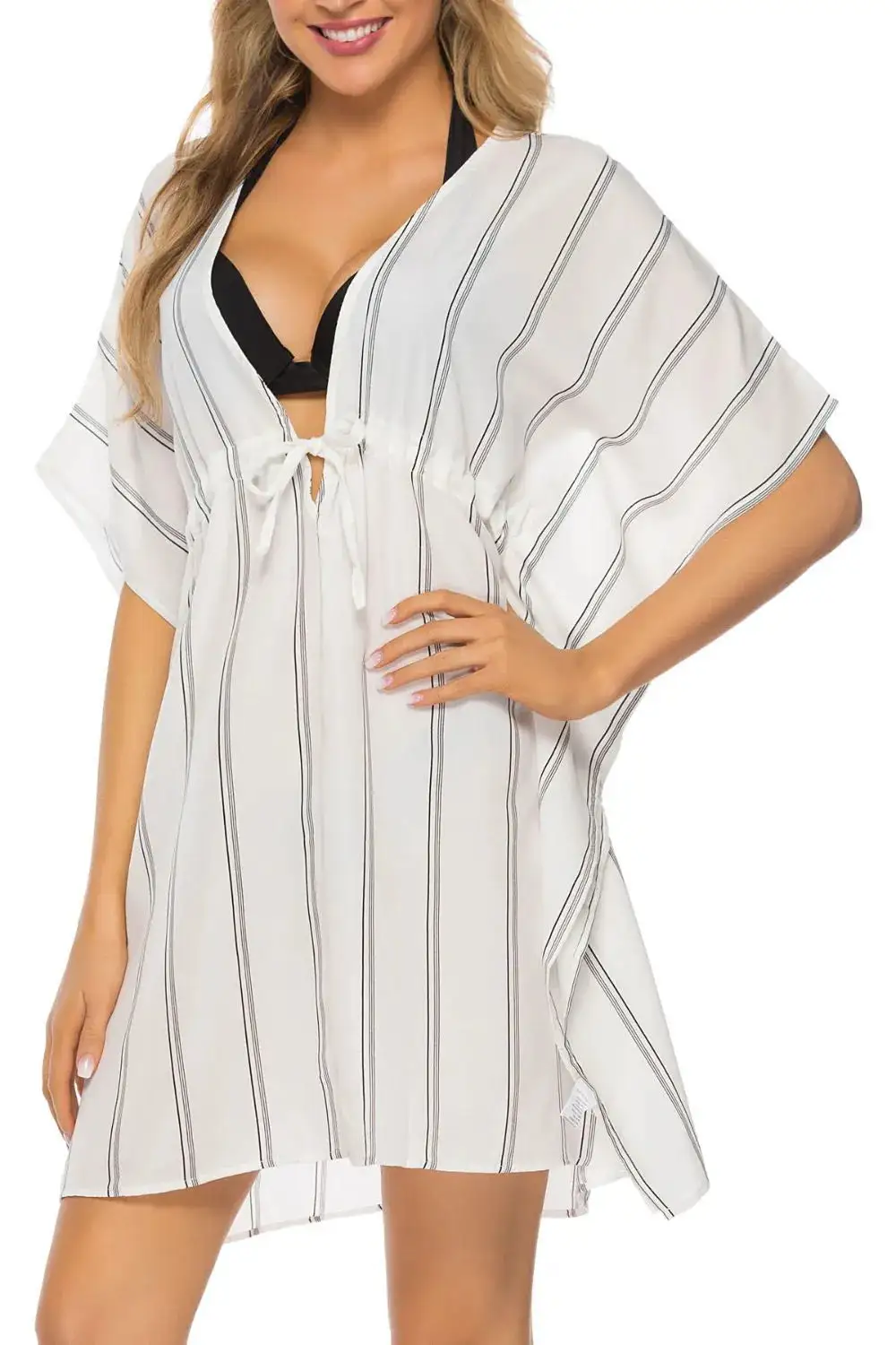 Drawstring Striped V Neck Swim Cover Up