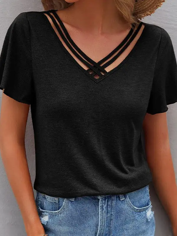 Relaxed Curve Fit Cutout Panel Detail V-Neck Polyester T-Shirt