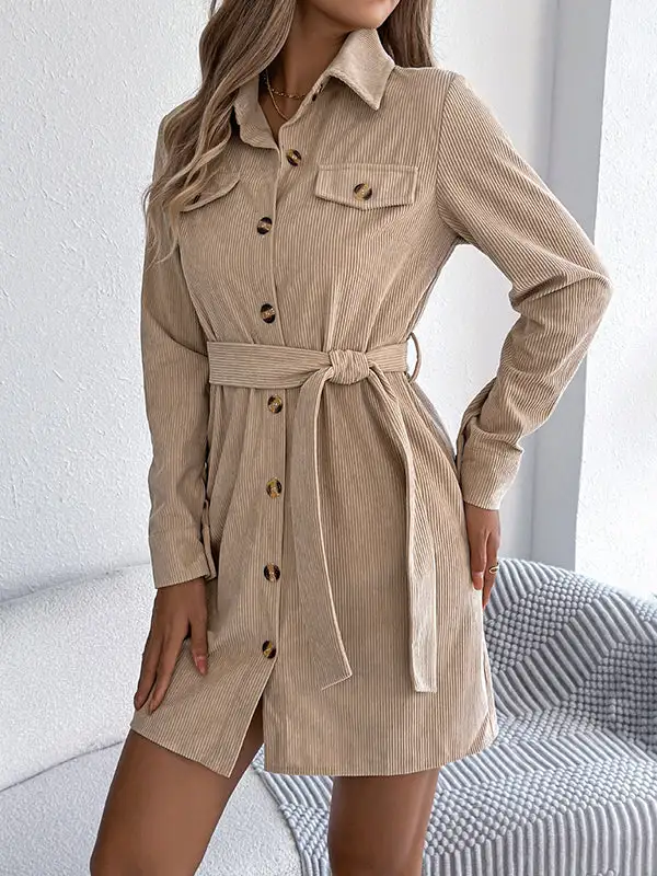 Elasticated Waist Long Sleeve Belted Buttoned Single Breasted Solid Color Lapel